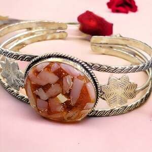 Pink Mosaic Style Cuff Bracelet Round Patterned Center Floral Openwork Jewelry